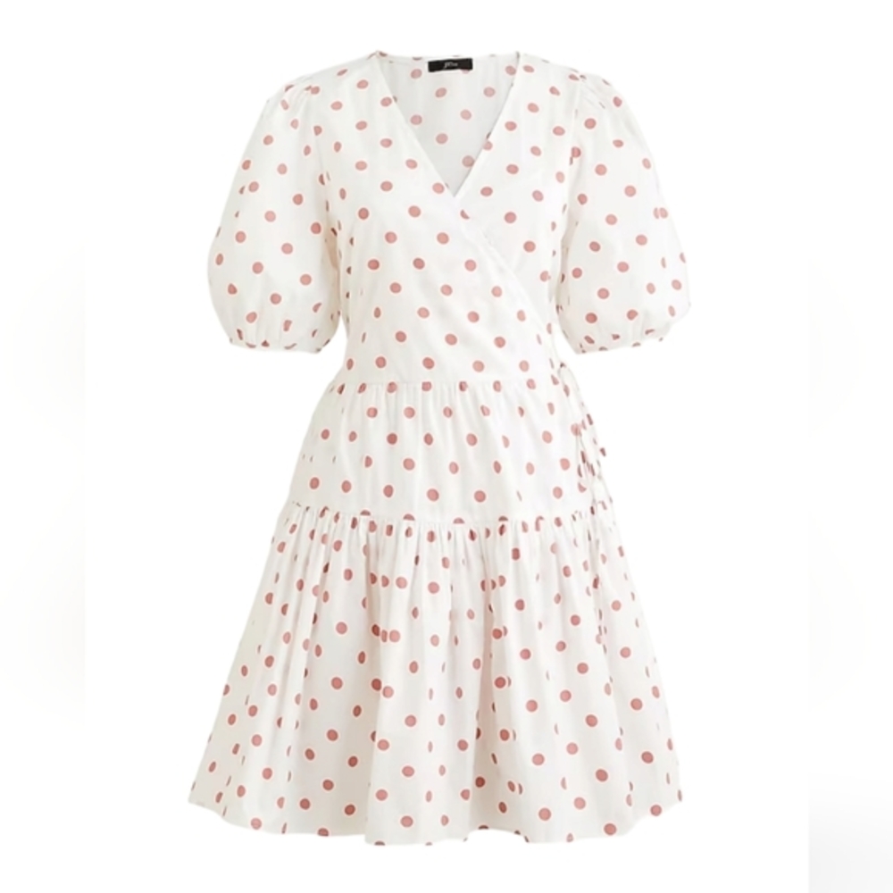 J.Crew White Rose Polka Dot Short Puff-Sleeve Cotton Poplin Mini Wrap Dress‎ XS